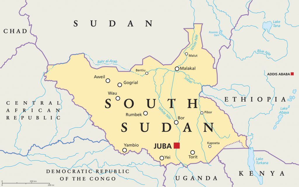 Carte politique du Sud-Soudan avec la capitale Juba, les frontières nationales, les villes importantes, les rivières et les lacs. Illustration avec étiquetage et échelle en anglais.