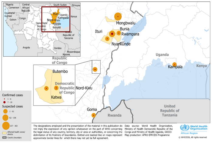 WHO map of the 3 health zones in Ituri Province, DRC. As of 18 May 2026, these health zones are affected by an Ebola outbreak.