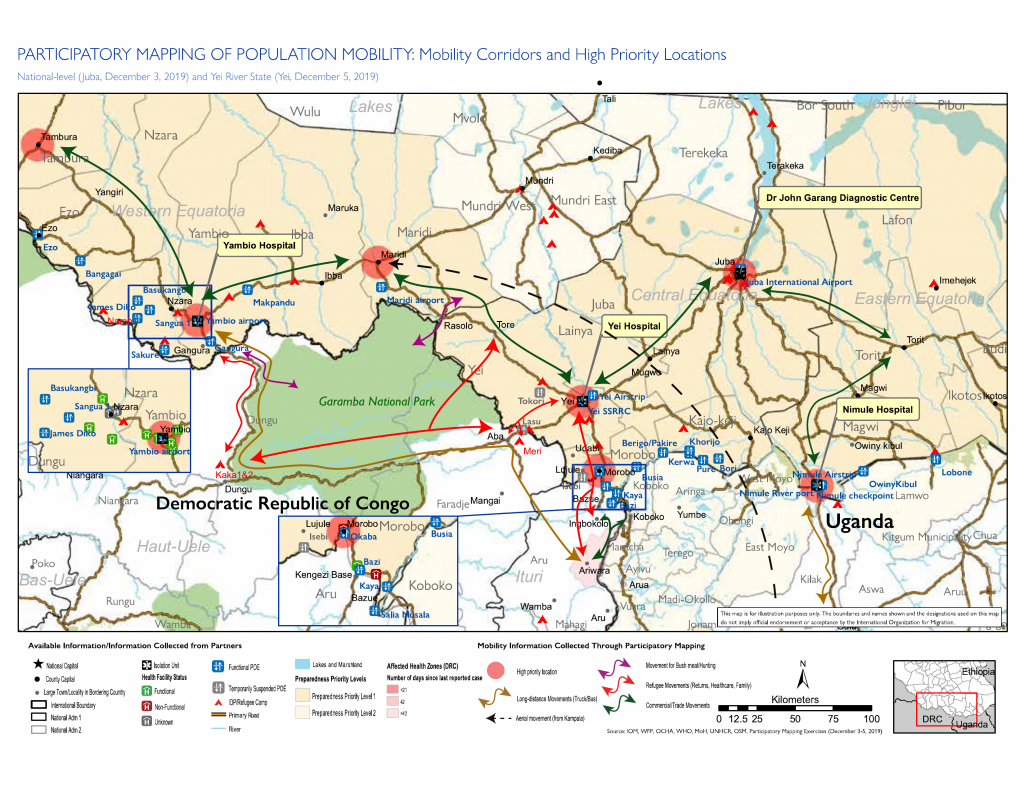 Map showing the locations of informal border crossing points near areas at high risk of Ebola importation and key mobility corridors.