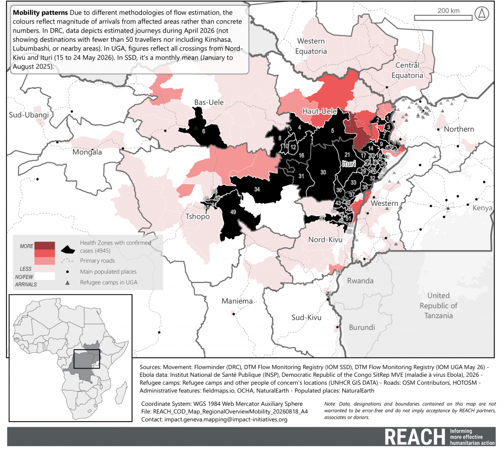 Map showing health zones in the Democratic Republic of the Congo and neighbouring counties in South Sudan at risk of Ebola, based on historical mobility patterns.