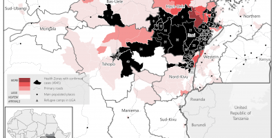 Map showing health zones in the Democratic Republic of the Congo and neighbouring counties in South Sudan at risk of Ebola, based on historical mobility patterns.