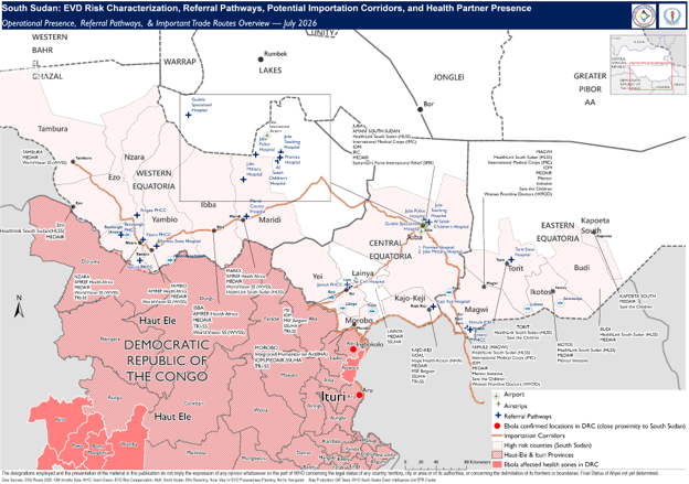 Map showing the locations of counties in South Sudan at high risk of Ebola importation, along with travel corridors and presence of operational partners.